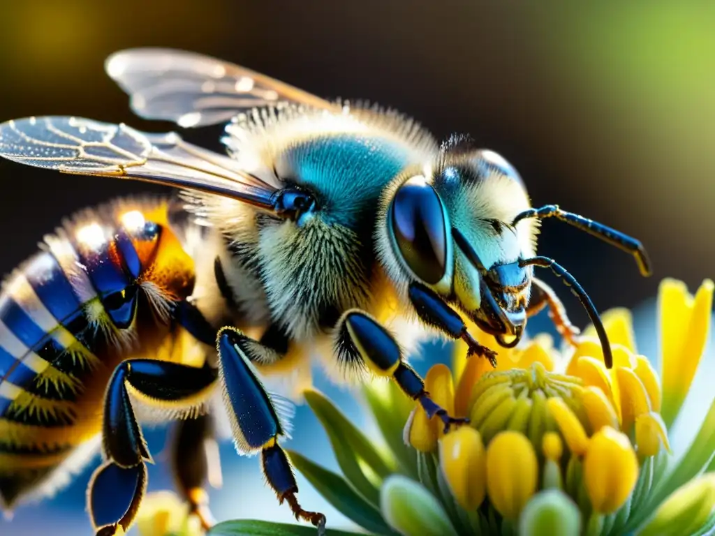 Detallada imagen macro de una abeja cubierta de polen, con sus alas delicadas extendidas y brillando al sol