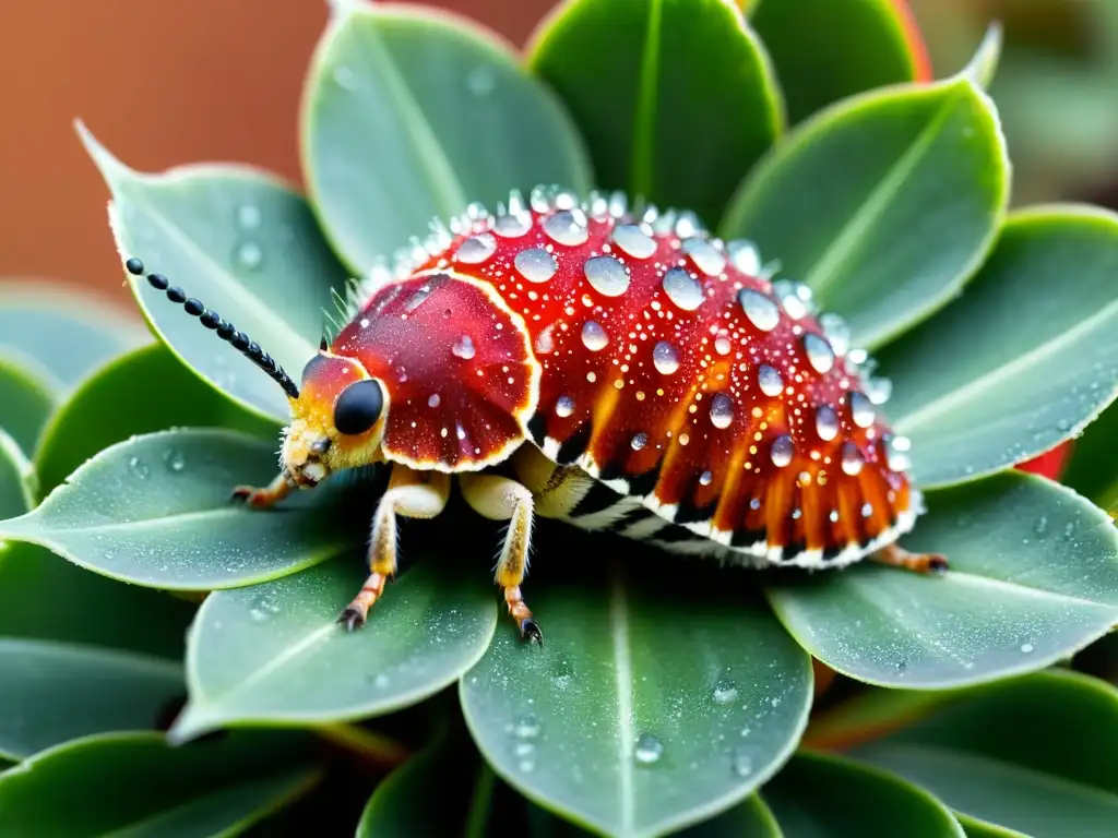 Detallada imagen macro de una cochinilla roja con gotas de rocío, en una planta suculenta