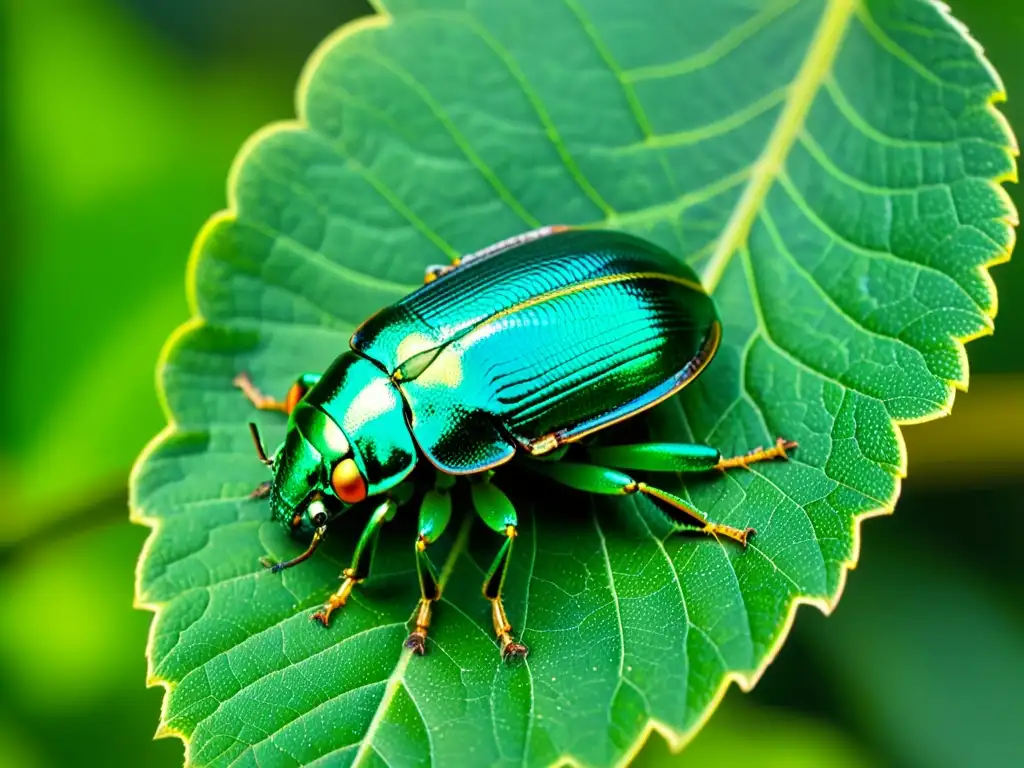 Detallada imagen macro de un escarabajo verde metálico posado en una hoja, ideal para la guía de identificación de insectos en el campo