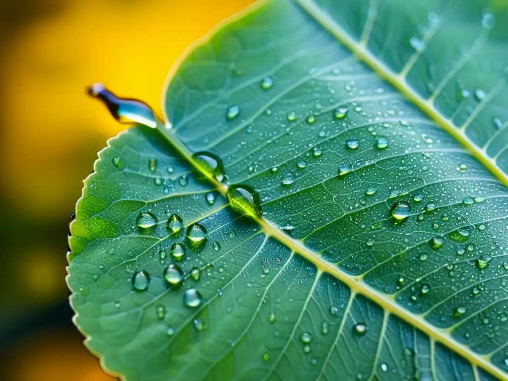 Detallada imagen macro de una hoja verde vibrante con gotas de agua y un insecto