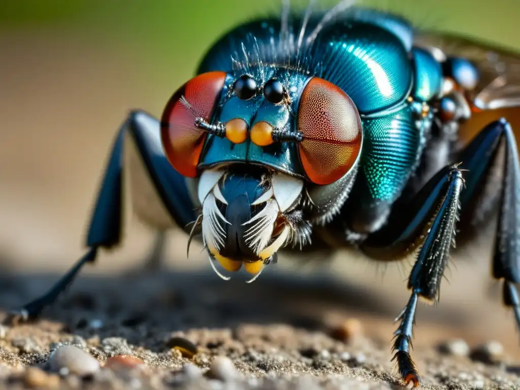 Detallada imagen macro de mosca Phormia regina depositando huevos en un cadáver, iluminación realza colores naturales