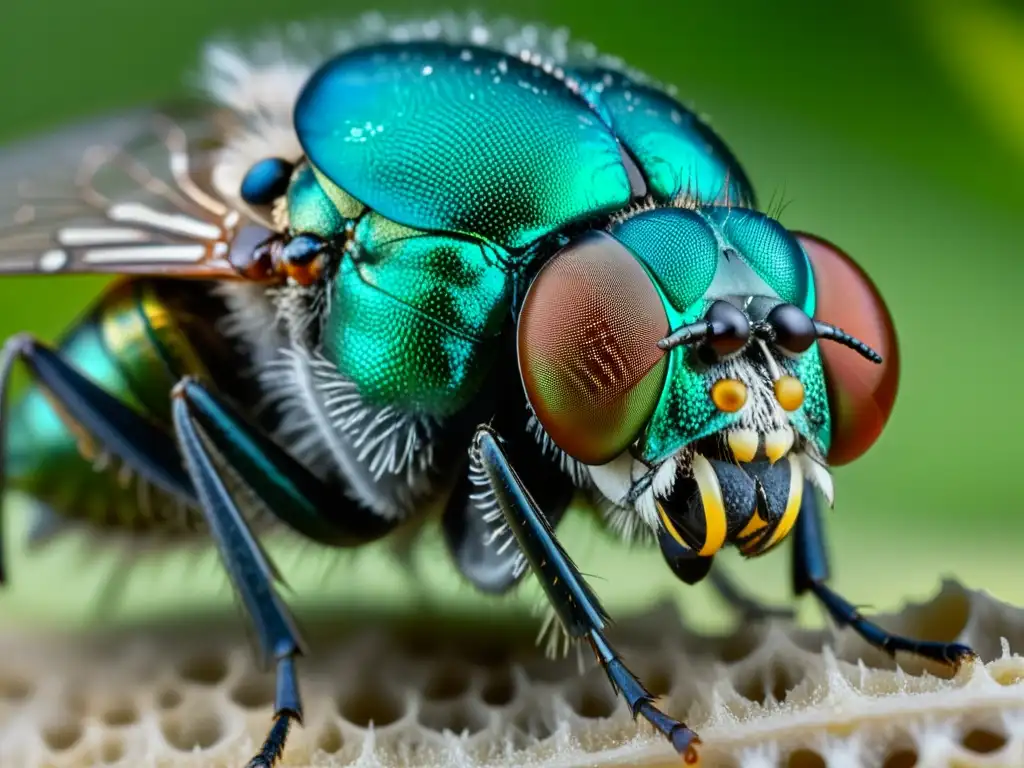 Detallada imagen macro de una mosca azulverdosa alimentándose de un cadáver en descomposición, destacando sus detalles anatómicos