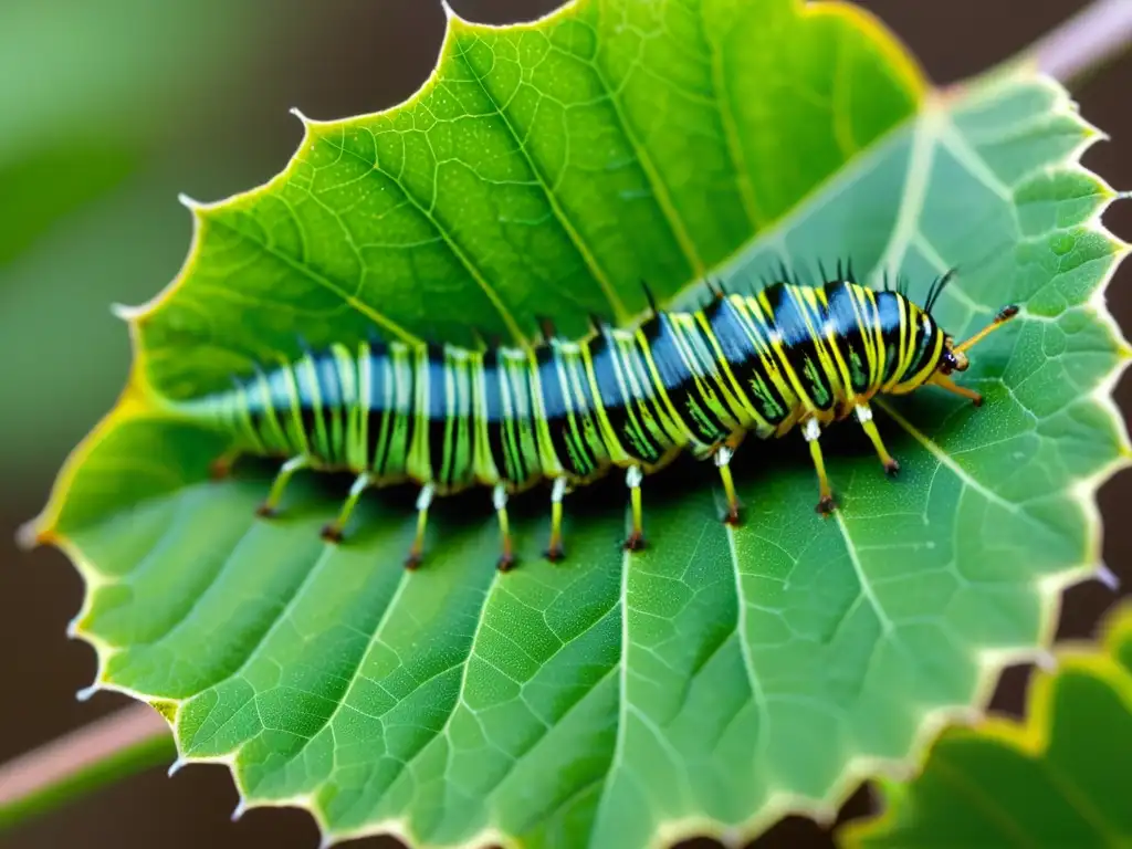 Detallada imagen macro de una oruga devorando una hoja verde, mostrando la simetría natural y la precisión de su cuerpo