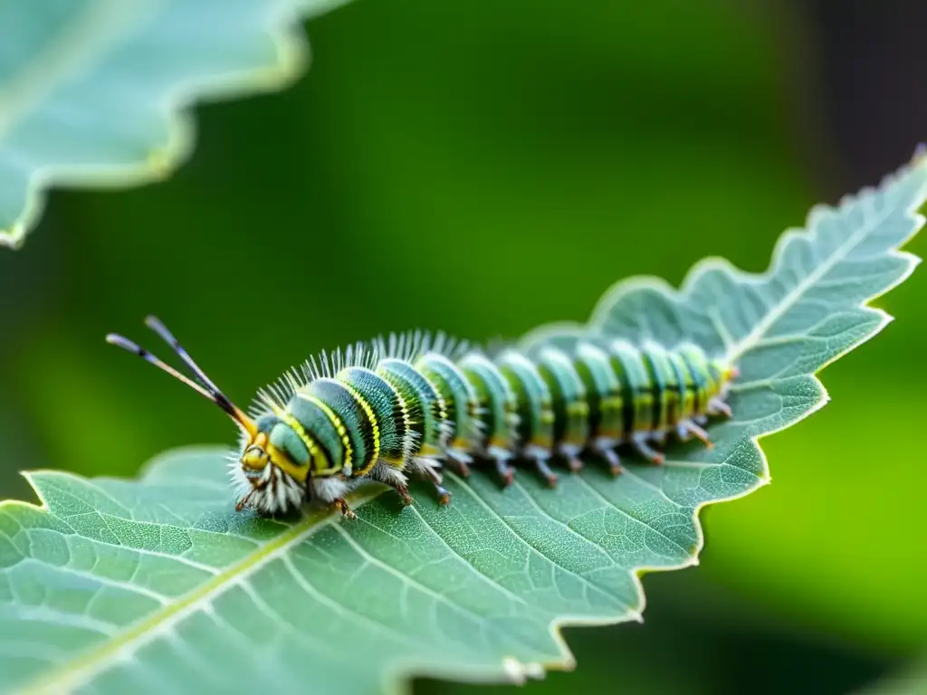 Detallada imagen macro de una oruga devorando una hoja, en exposiciones interactivas ciclo vida insectos