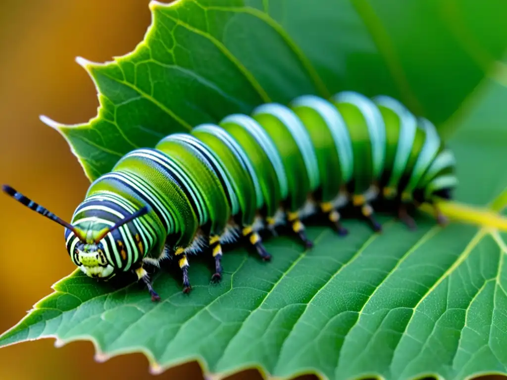 Detallada imagen macro de una oruga comiendo una hoja, mostrando patrones y texturas