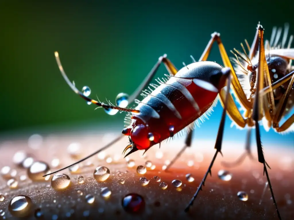 Detallada imagen macro de la probóscide de un mosquito perforando la piel humana, con gotas de sangre y la importancia de las fiebres hemorrágicas