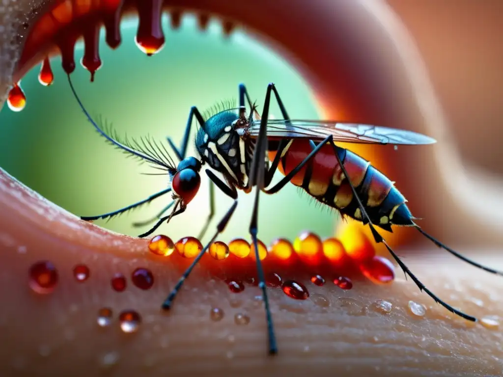 Detallada imagen macro de la probóscide de un mosquito perforando la piel humana, con gotas de sangre