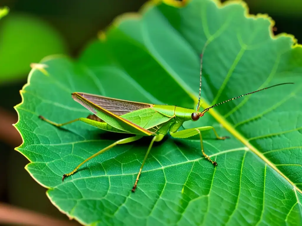 Detallada imagen macro de un saltamontes hoja mimetizado entre el follaje