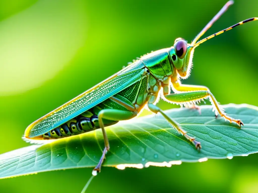 Detallada imagen macro de un vibrante saltamontes verde con patrones de dispersión, posado en una brizna de hierba con gotas de rocío