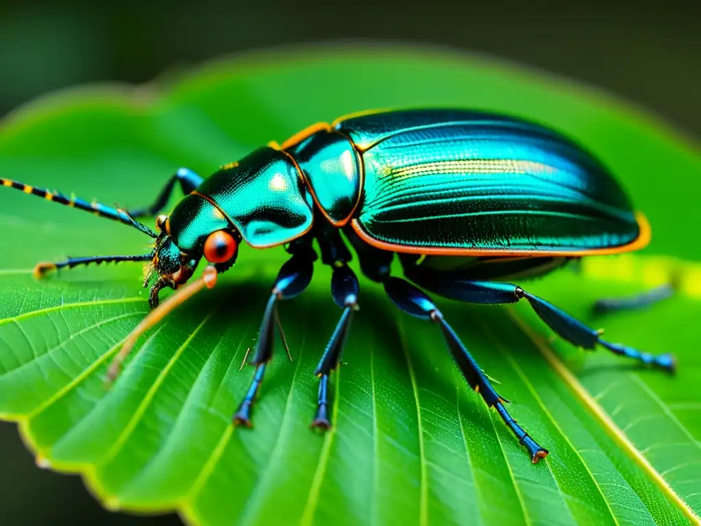 Detallada imagen de la mandíbula de un escarabajo sujetando una hoja, revelando la mecánica del mordisco de insecto en asombrosa resolución 8k