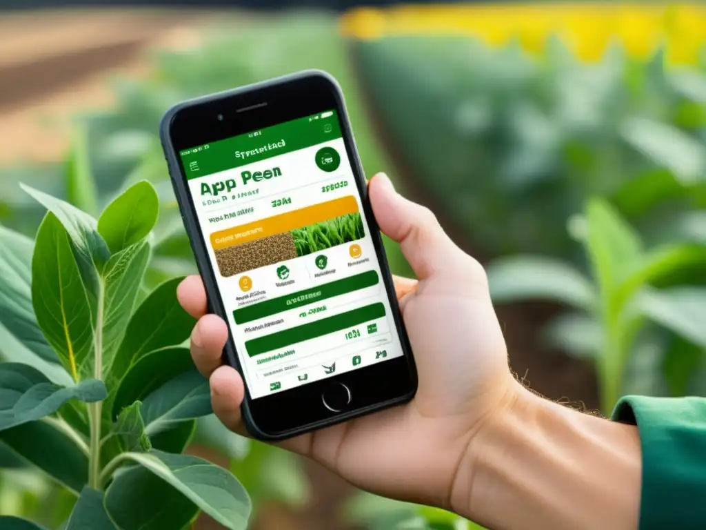 Detallada imagen de mano de agricultor sosteniendo smartphone con app de control de plagas, mostrando colorida interfaz con información detallada