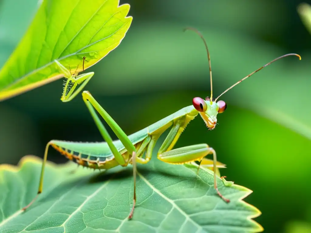 Detallada imagen de una mantis religiosa en hoja, con estructura corporal y ojos compuestos