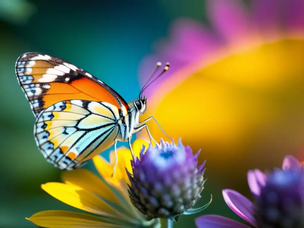 Detallada imagen de mariposa descansando en flor, con alas iridiscentes y textura floral