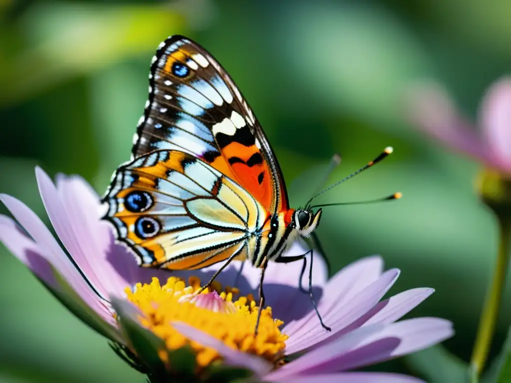 Detallada imagen de mariposa en flor, muestra patrones y texturas de sus alas