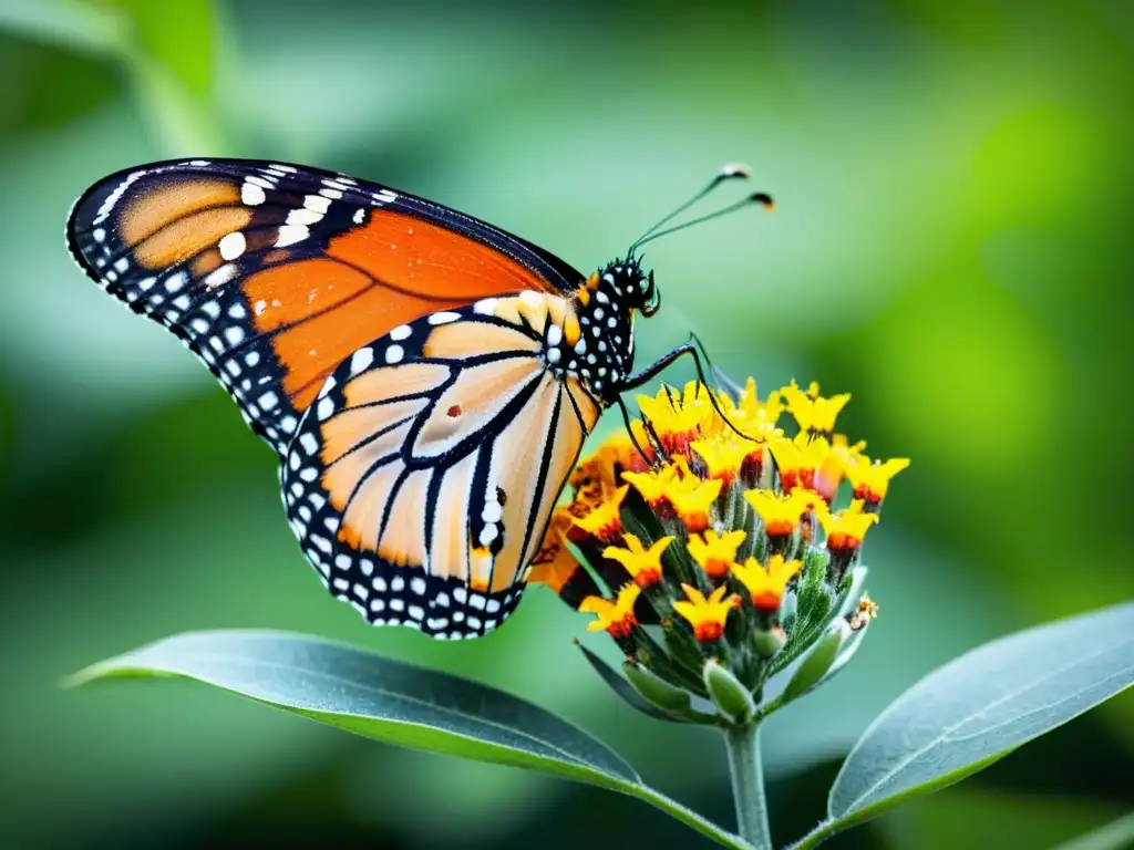 Detallada imagen de una mariposa monarca posada en una flor de leche anaranjada, con patrones migratorios visibles en las alas