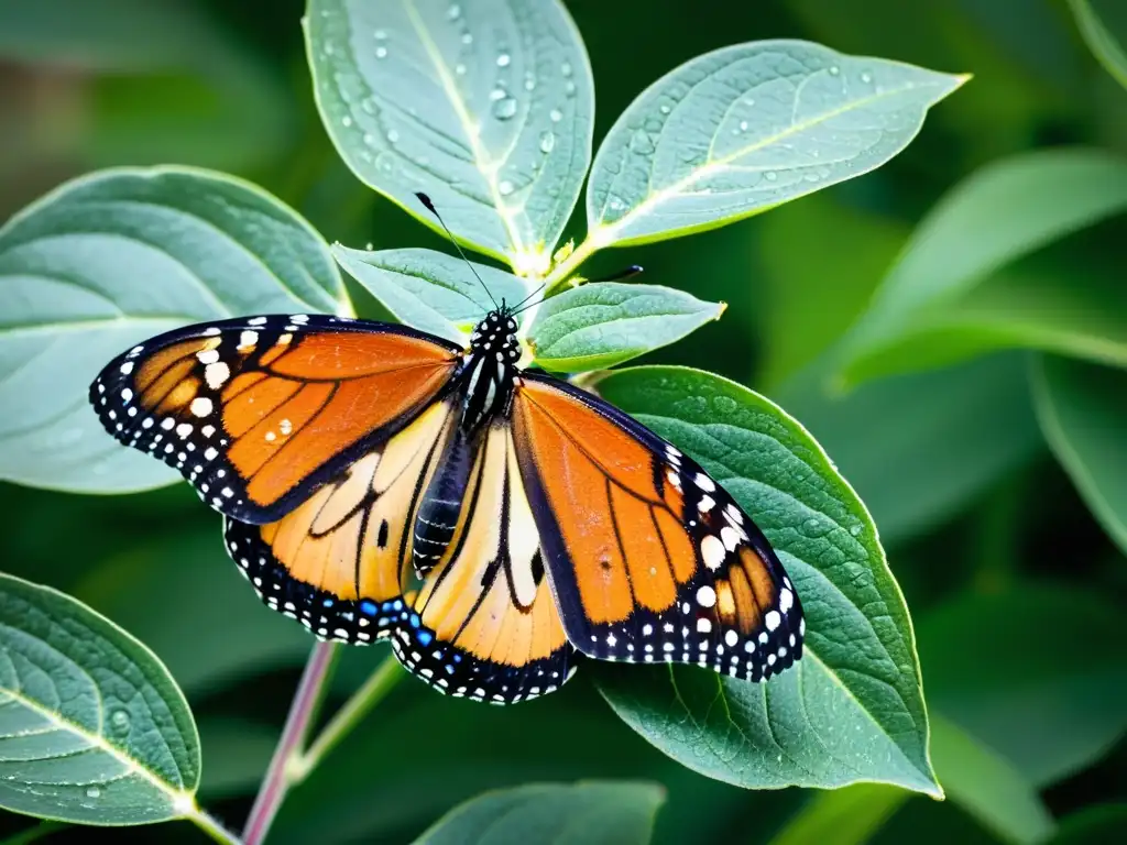 Detallada imagen de una mariposa monarca posada en una planta de algodoncillo, con gotas de agua en sus alas