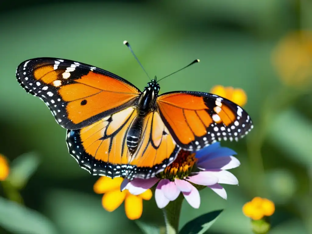 Detallada imagen de una mariposa monarca en una flor silvestre, revelando sus alas y el entorno natural