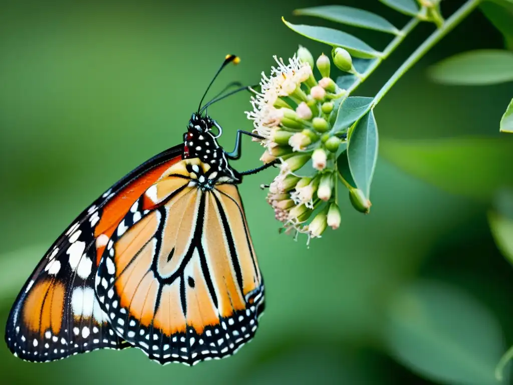 Detallada imagen de una mariposa monarca posada en una planta de algodoncillo, resaltando sus patrones y colores vibrantes