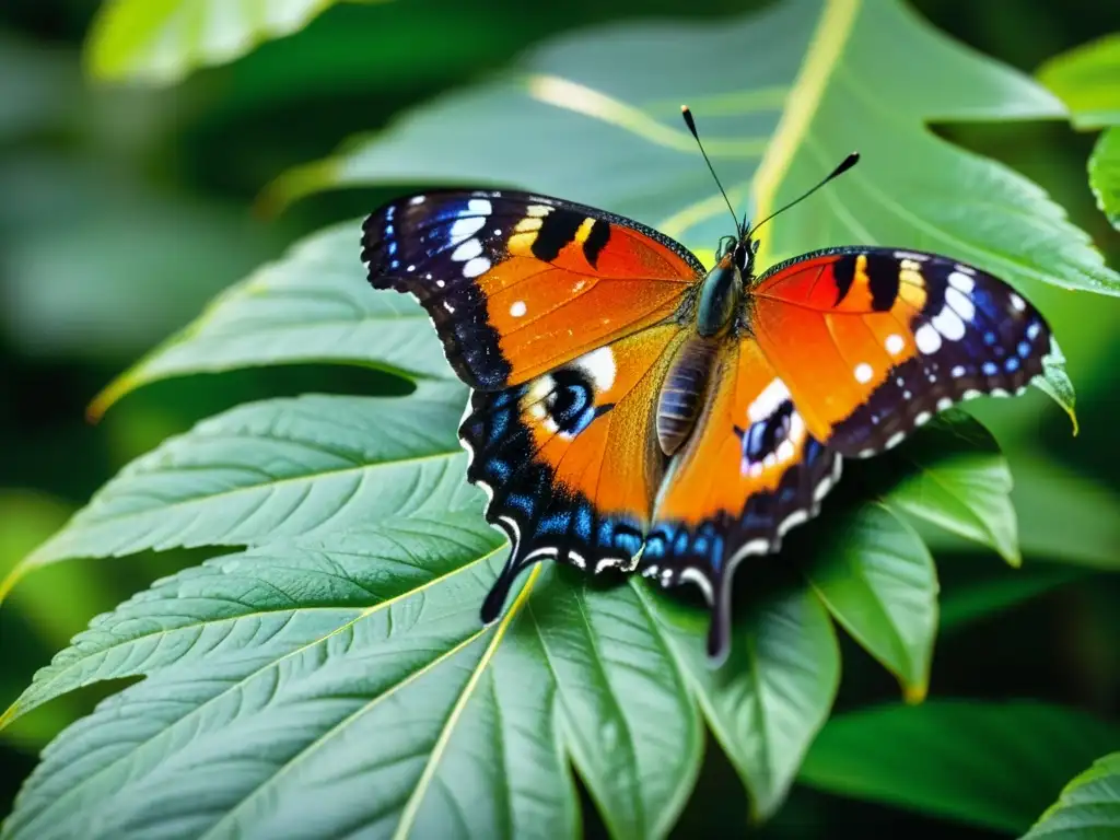 Detallada imagen de una mariposa tropical sobre hoja verde, con patrones e iridiscencia en alas