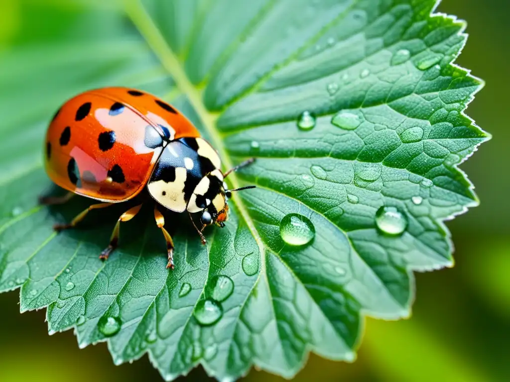 Detallada imagen de una mariquita en una hoja verde