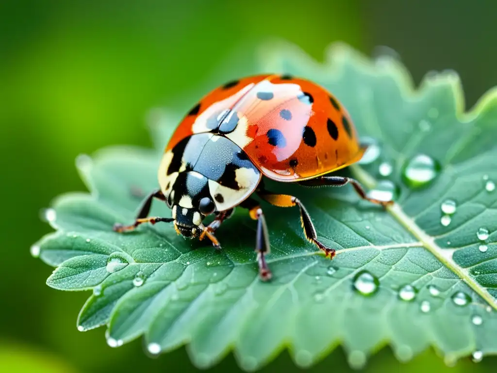 Detallada imagen de una mariquita sobre una hoja verde, resaltando sus alas rojas y negras, parte del curso online control biológico insectos