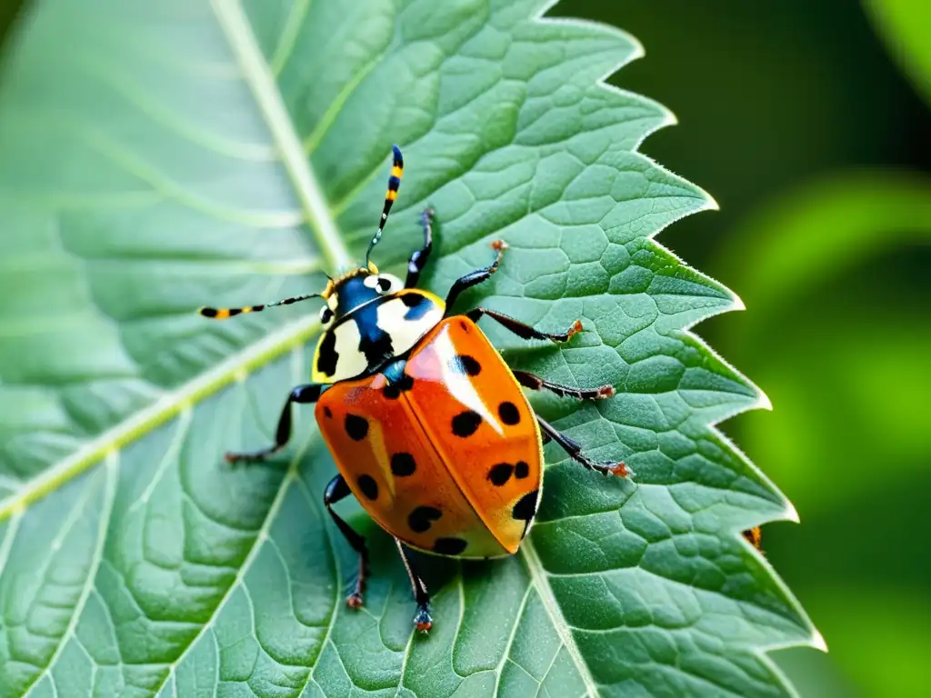 Detallada imagen de una mariquita en una hoja verde, mostrando sus alas rojas y negras