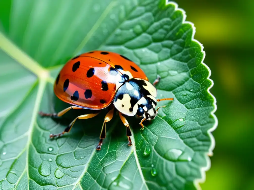 Detallada imagen de una mariquita en una hoja verde brillante, mostrando sus alas rojas y negras