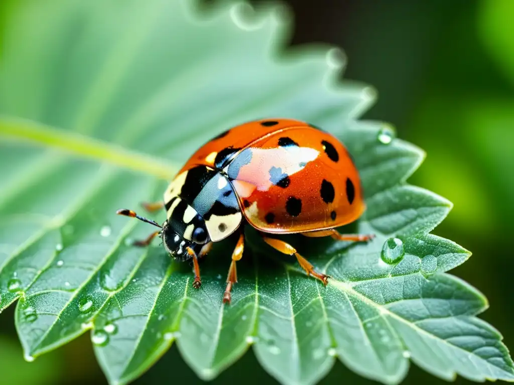 Detallada imagen de una mariquita en una hoja verde con gotas de agua, mostrando la dualidad de los insectos en agricultura