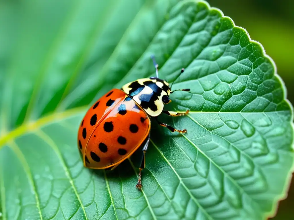 Detallada imagen de una mariquita en una hoja verde, rodeada de pulgones