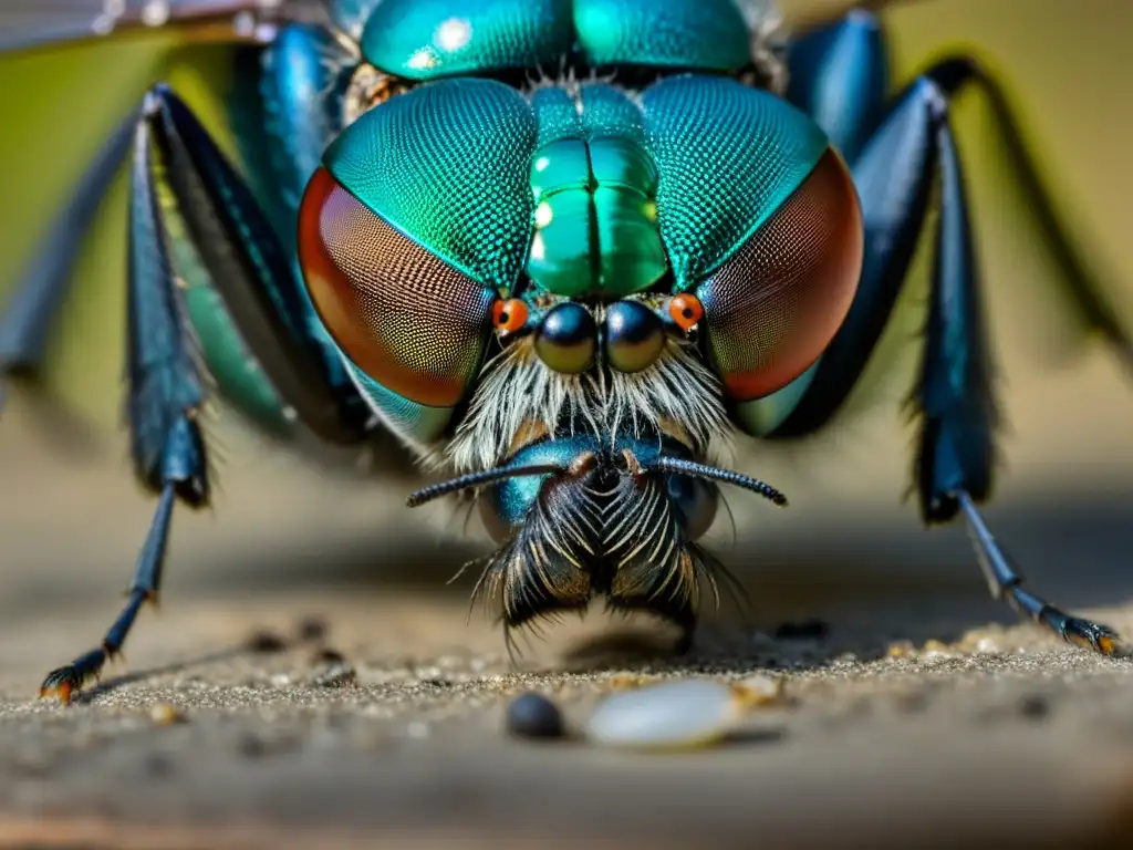 Una detallada imagen de una mosca azulverdosa sobre un cadáver humano, rodeada de marcadores forenses y herramientas de recolección de pruebas