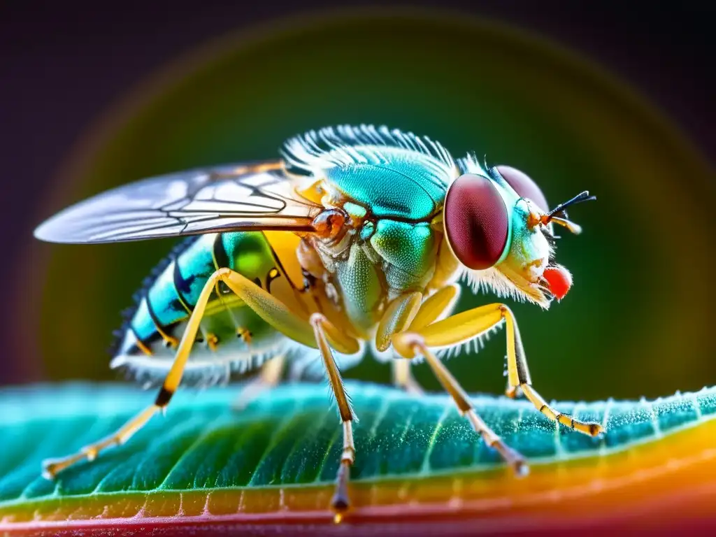 Detallada imagen de una mosca de la fruta editada genéticamente, resaltando la complejidad de la edición genética en la evolución de insectos