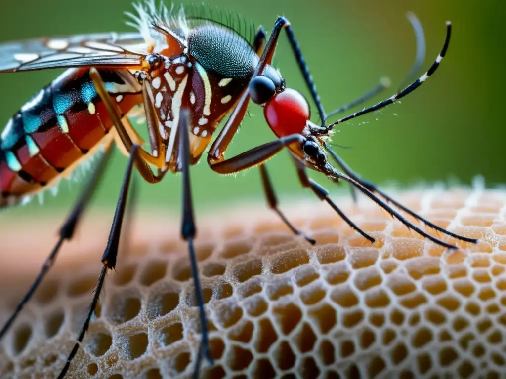 Una detallada imagen de un mosquito Aedes aegypti alimentándose de sangre en el brazo de un humano, resaltando la propagación del dengue por insectos