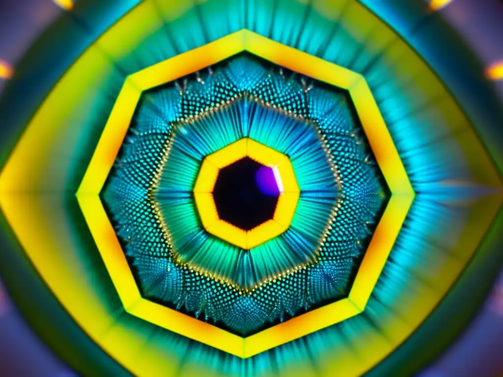 Detallada imagen de un ojo compuesto de insecto, destacando la función de los ojos compuestos y su asombrosa estructura hexagonal y reflectante