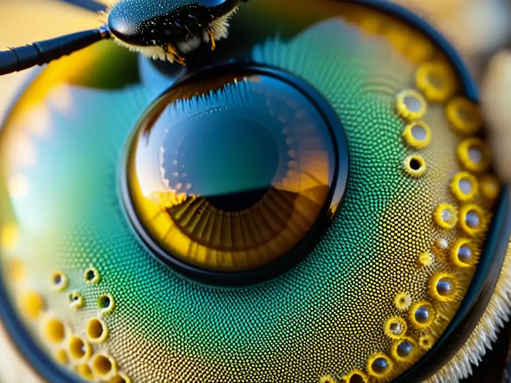 Detallada imagen de un ojo compuesto de abeja con patrón hexagonal, reflejos de colores y polen