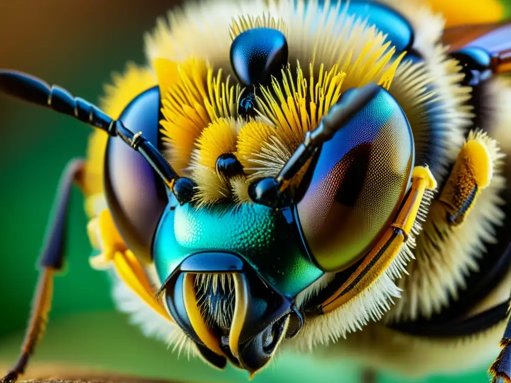 Detallada imagen de ojo compuesto de abeja con adaptaciones sensoriales en insectos, mostrando patrón hexagonal y detalles iridiscentes