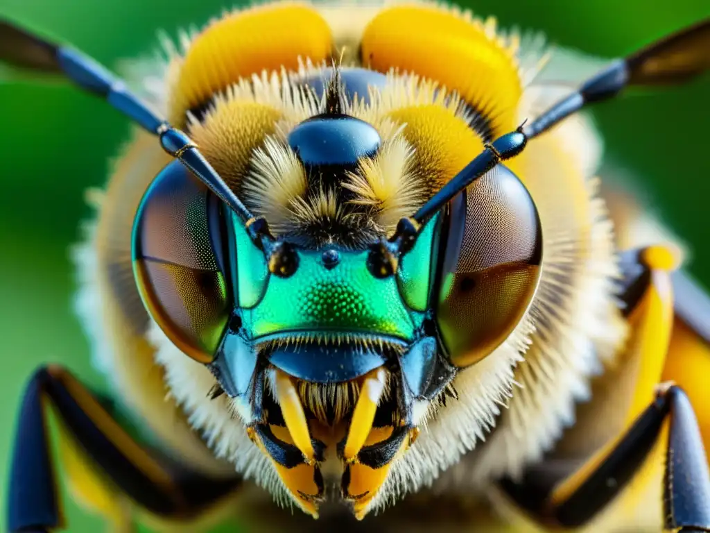 Detallada imagen de los ojos compuestos de una abeja, con patrón hexagonal y reflejos verdes y dorados, destacando la visión multifacética en insectos