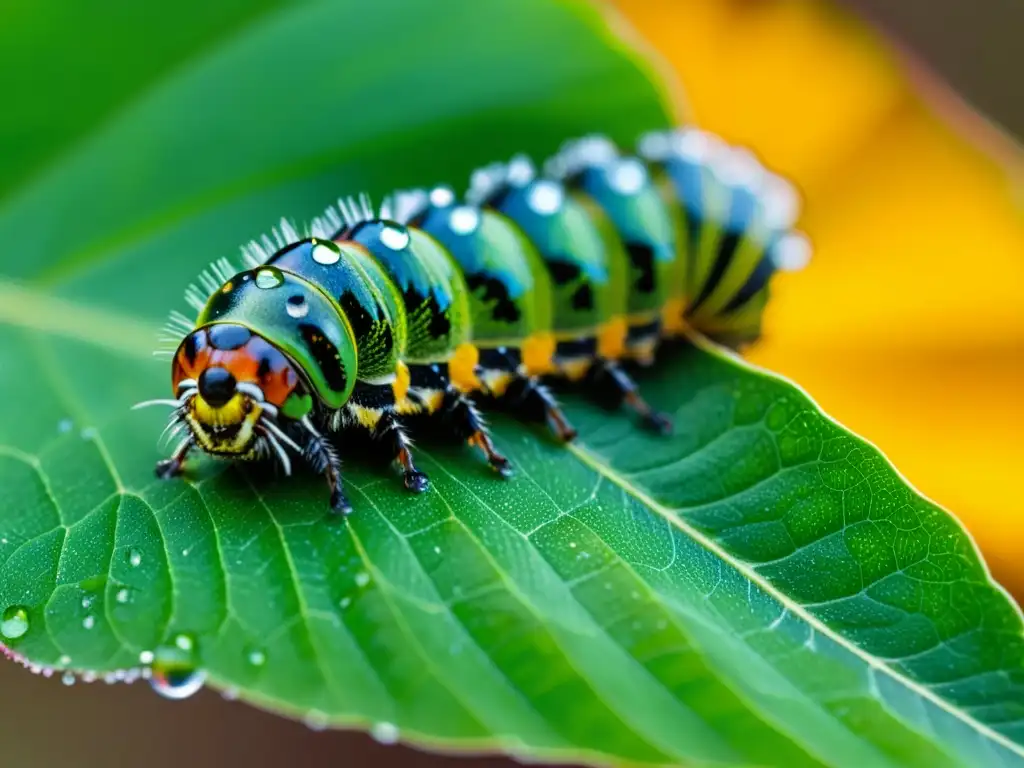 Detallada imagen de una oruga devorando una hoja verde con gotas de agua