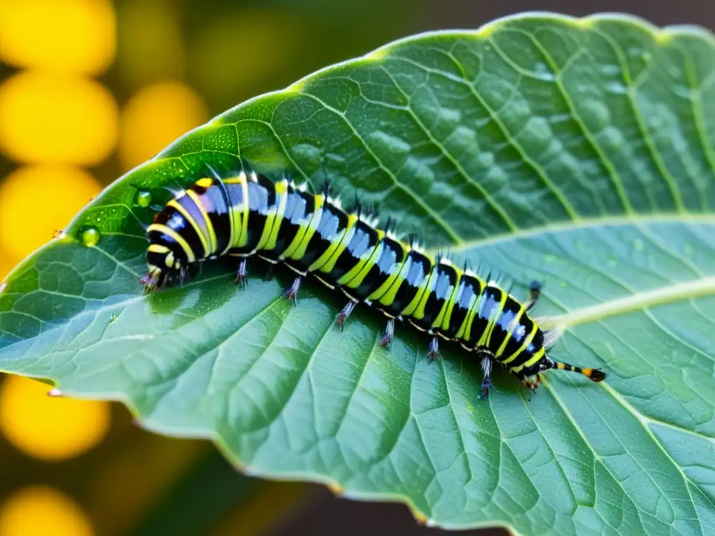 Una detallada imagen de una oruga rayada verde y negra sobre una hoja, con gotas de agua brillantes en su espalda