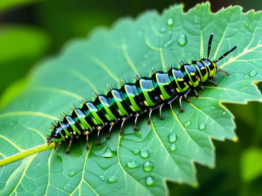 Detallada imagen de una oruga verde y negra en una hoja con gotas de agua, creando un efecto etéreo