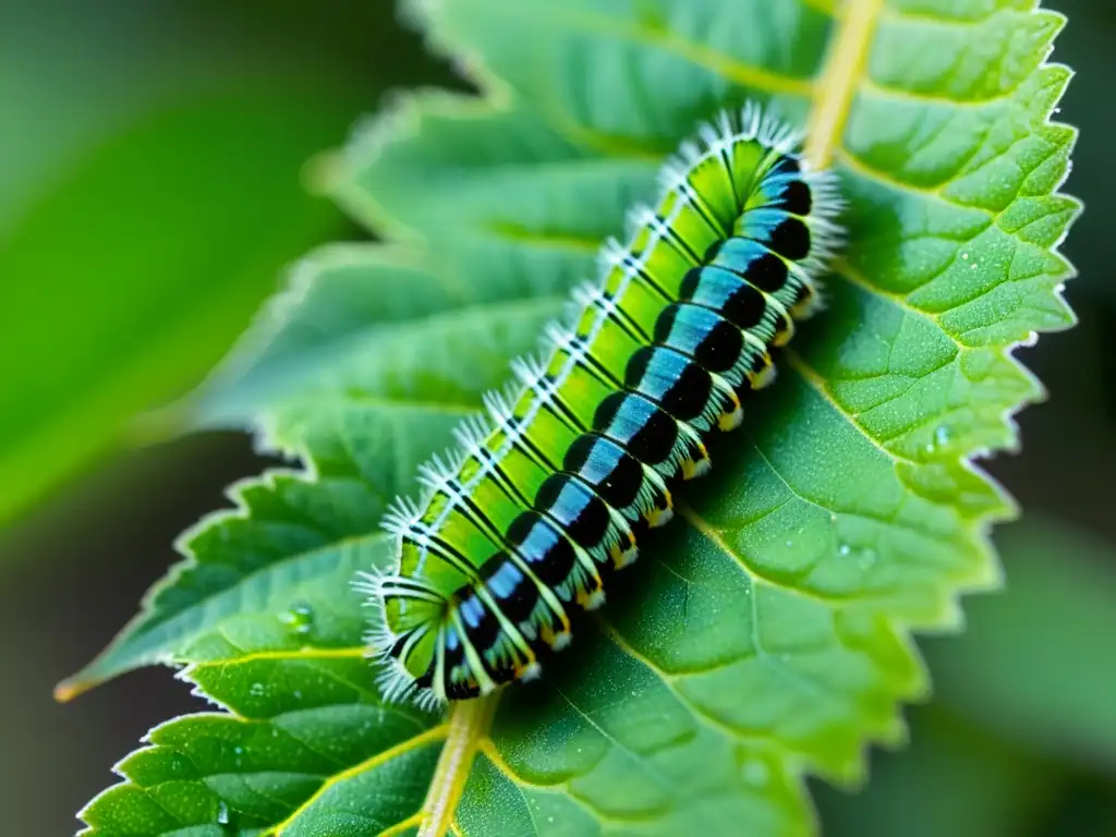 Detallada imagen de una oruga verde y negra en una hoja, con gotas de rocío