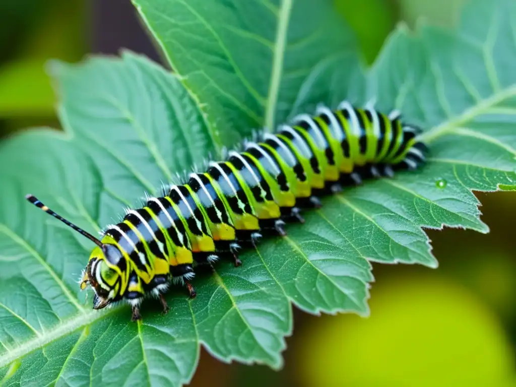 Una detallada imagen de una oruga verde y negra devorando hojas de tomate