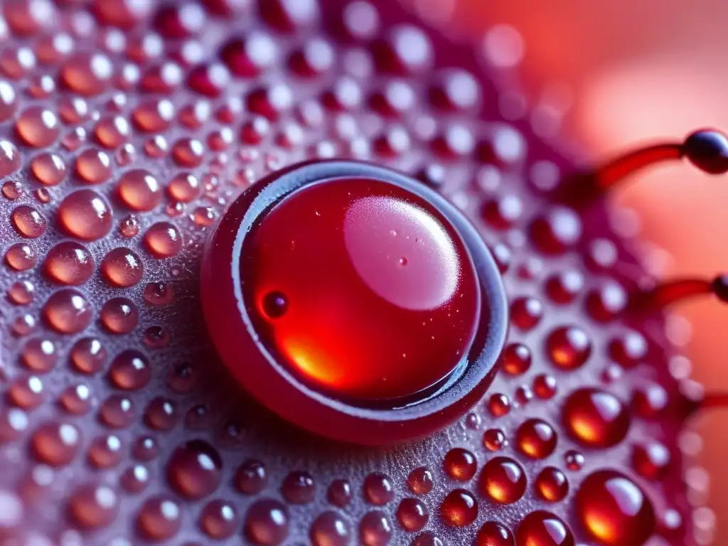 Una detallada imagen de una picadura de insecto hinchada y roja, con gotas de líquido claro