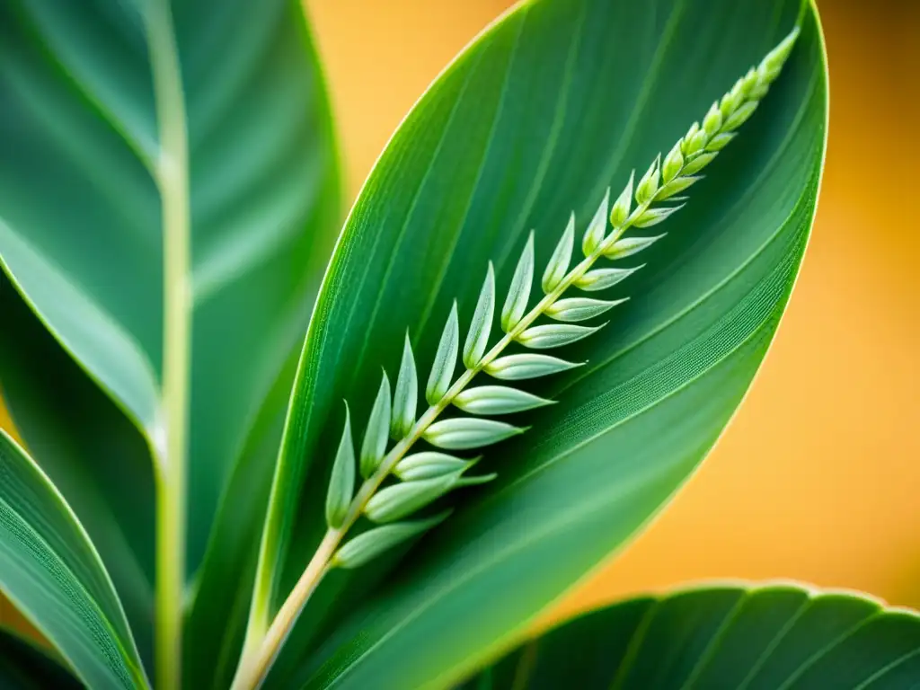 Detallada imagen de una planta de trigo con hojas verdes vibrantes y granos perfectos, resaltando el potencial de la edición genética CRISPR en la agricultura sostenible