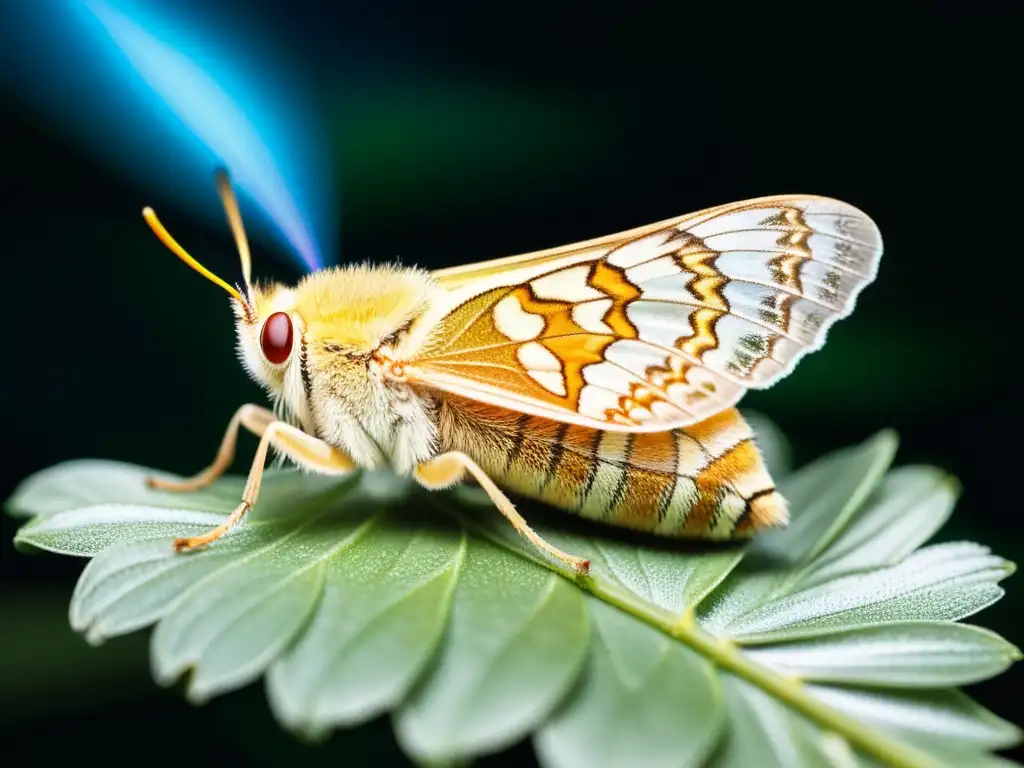 Detallada imagen de una polilla hembra liberando feromonas, con patrones y texturas intrincadas en sus alas y cuerpo