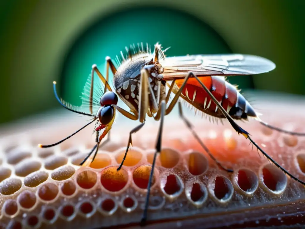 Detallada imagen de la probóscide de un mosquito extrayendo sangre humana, con piel texturizada y mosca ligeramente desenfocada al fondo