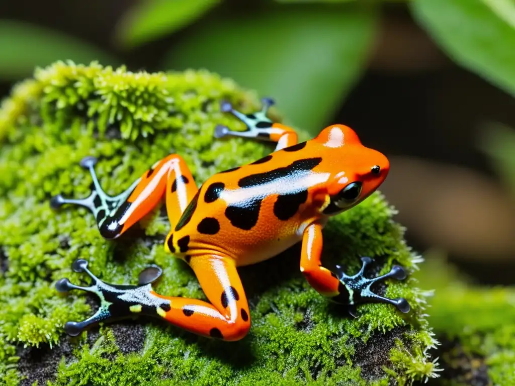 Detallada imagen de una rana venenosa harlequin descansando sobre musgo verde brillante