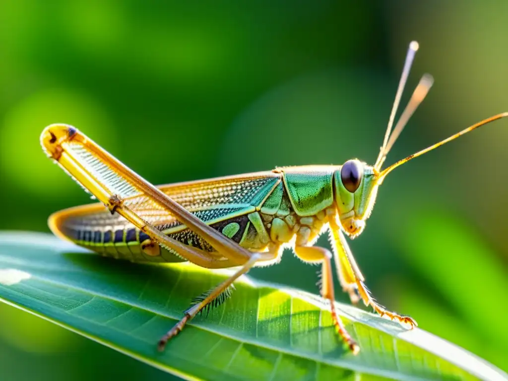 Detallada imagen de un saltamontes en una hoja, con patrones y texturas únicas