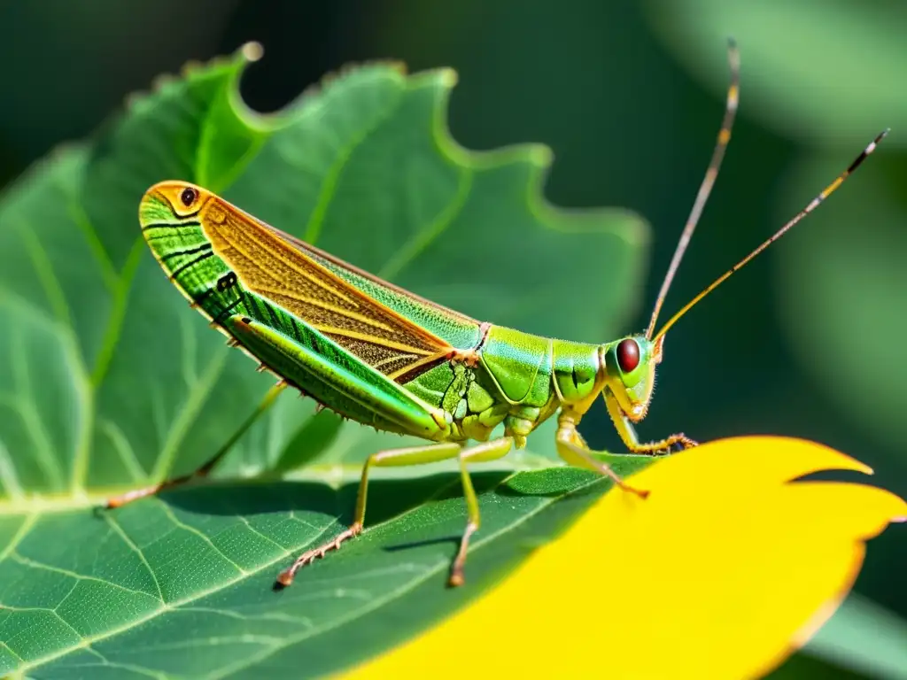 Detallada imagen de un saltamontes en una hoja, con sus alas y patas visibles, bañado por la cálida luz del sol