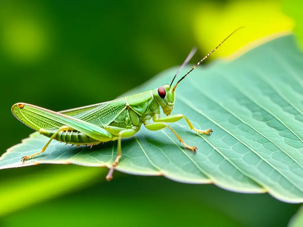 Detallada imagen de saltamontes verde en hoja, con delicadas alas y ojos compuestos