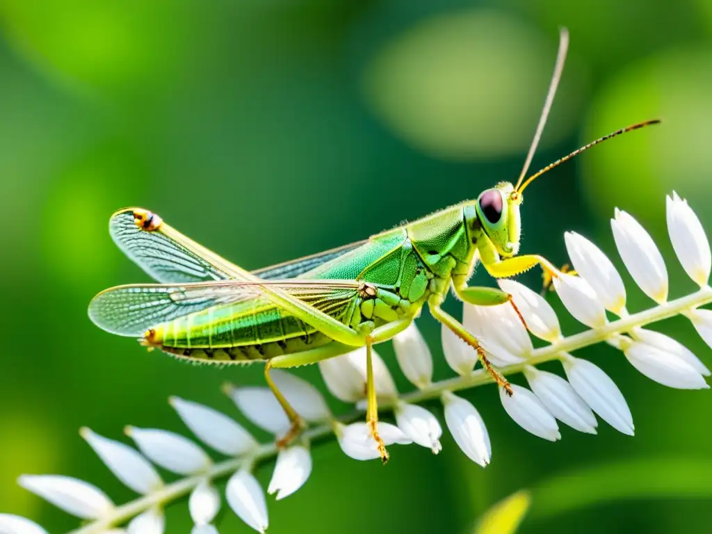 Detallada imagen de saltamontes verde sobre hierba, con detalles de cuerpo segmentado, alas transparentes y antenas